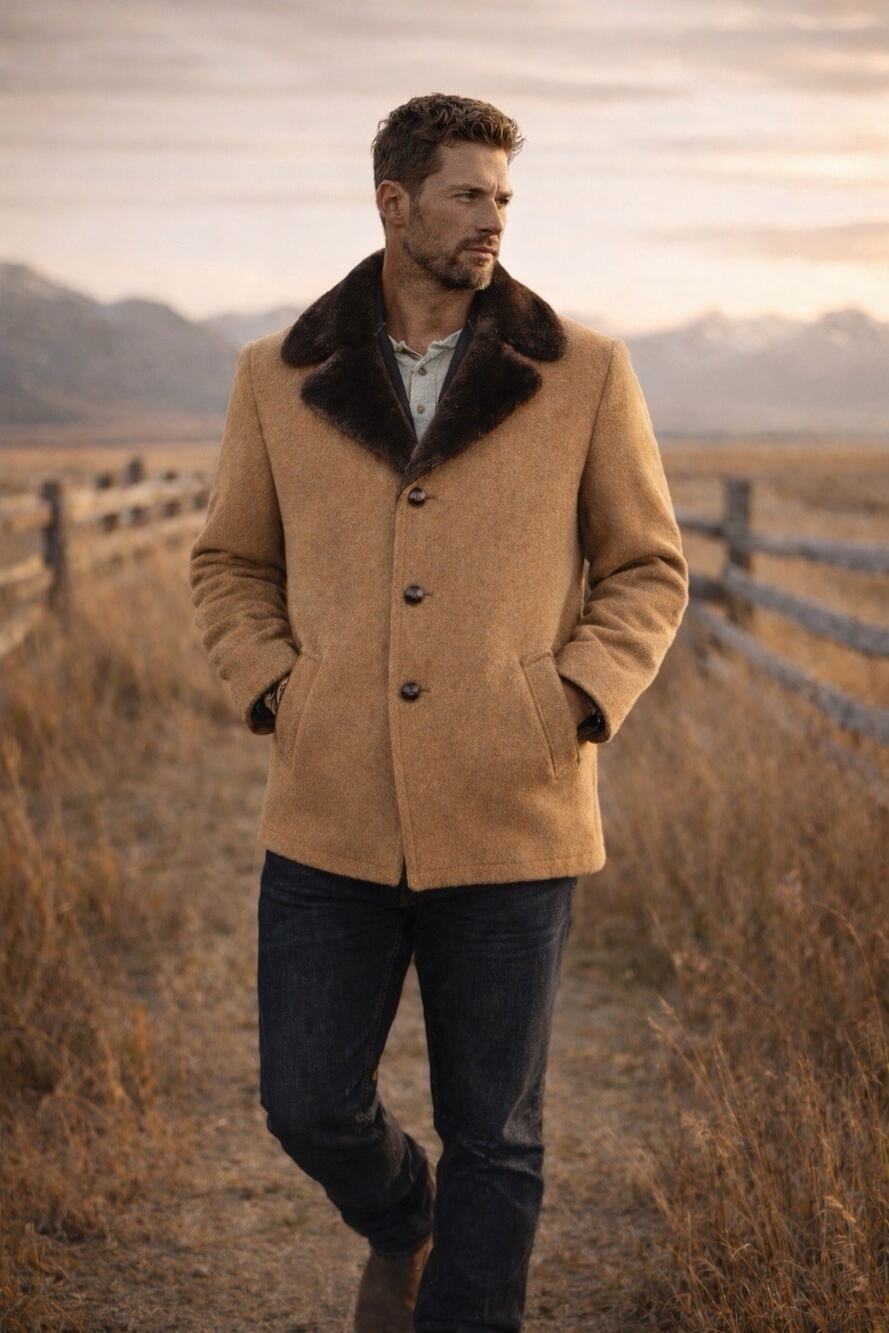 Vintage Pendleton Mens 40 Camel Virgin Wool Coat Brown Fur Collar USA Western